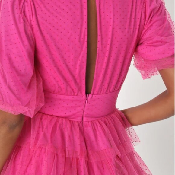 Lulus Women's Dramatic Poise Hot Pink Dot Tulle Puff Sleeve Tiered Mini … - Picture 15 of 15